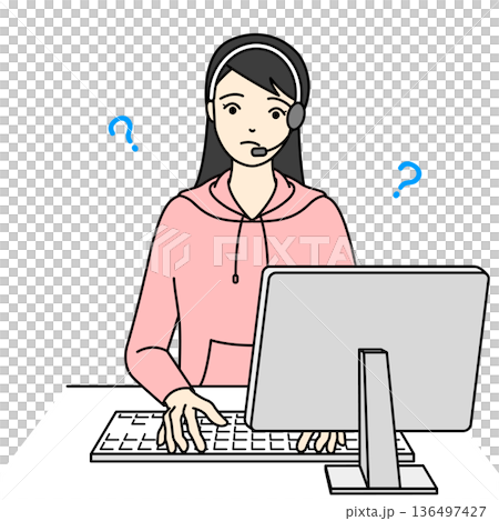 操作方法が分からず悩むカジュアルな服装の女性オペレーター 136497427