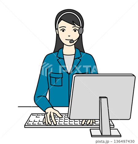 パソコンで業務を行う作業服姿の女性オペレーター 136497430