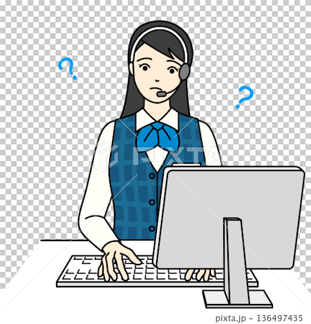 A female operator looking at a computer screen while responding to an inquiry and worrying A female operator looking at a computer screen while responding to an inquiry and worrying 136497435