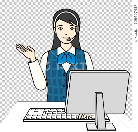一名身穿制服的女接線生面帶微笑，在呼叫中心提供指導。 136497437