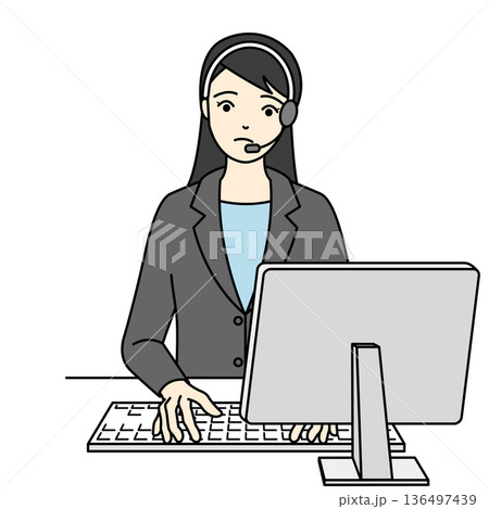 問い合わせ対応で困った表情のスーツの女性オペレーター 136497439