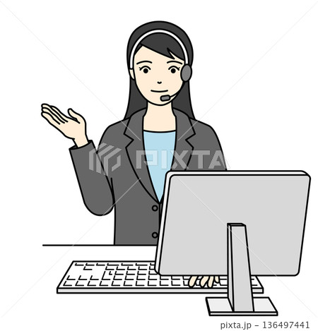 笑顔でサービスを案内するスーツ姿の女性オペレーター 136497441