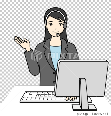 一位身穿西裝的女接線員面帶微笑地提供服務資訊。 136497441