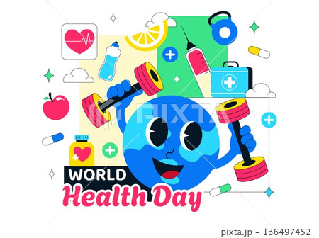World Health Day Vector Illustration on April 7 Featuring Earth And Medical Equipment Highlighting The Importance Of Healthy Lifestyle in Background 136497452