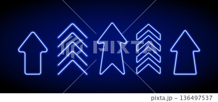 Bright blue neon up arrow element. Glowing led upward direction sign. Shine tube lamps in arrowhead shape. Luminous fluorescent rise symbol for banner, poster, logo. Vector neon led light illustration 136497537