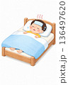 発熱でベッドに寝ている子どものイラスト 136497620
