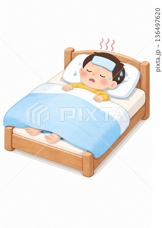 発熱でベッドに寝ている子どものイラスト 136497620