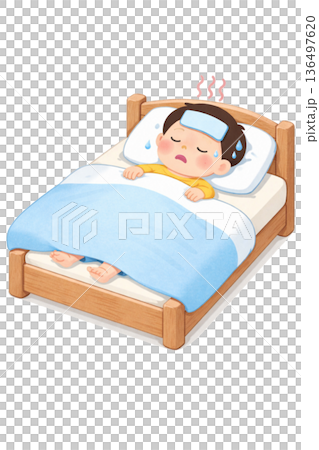 発熱でベッドに寝ている子どものイラスト 136497620
