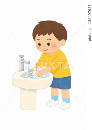 洗面台で手洗いをする男の子のイラスト 136497621