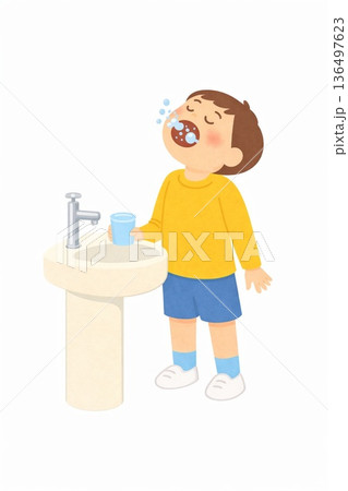 洗面台の前でうがいをする男の子のイラスト 136497623