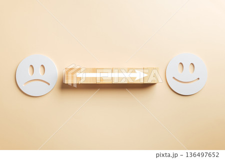Customer feedback survey, business service experience before showing dissatisfaction, after showing satisfaction, concept with arrow moving from sad face to happy face improving reputation rate 136497652