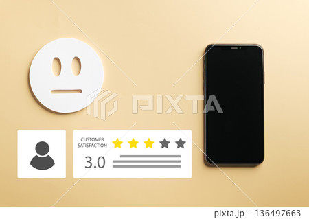 Customer online review and mobile phone feedback survey depicts digital satisfaction experience showcasing three star rating and neutral face icon for social evaluation 136497663