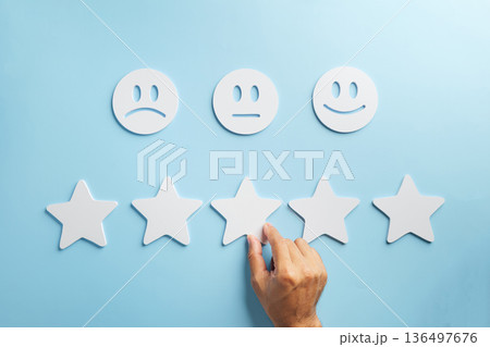 Compare customer satisfaction options, reviewing service quality, rating experience using star choices, selecting positive feedback for excellent product and premium service Compare customer satisfaction options, reviewing service quality, rating experience using star choices, selecting positive feedback for excellent product and premium service 136497676