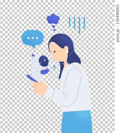 AI encourages and gives advice to a depressed woman. Vector illustration of a person confiding their worries to AI. 136498003