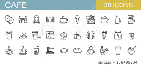 カフェに関するラインアイコンセット　飲み物や食べ物など　 136498234