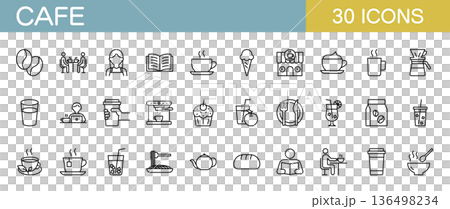 カフェに関するラインアイコンセット　飲み物や食べ物など　 136498234