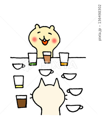 ファミレスでフリードリンクを楽しむかわいい動物キャラクターのイラスト 136498302