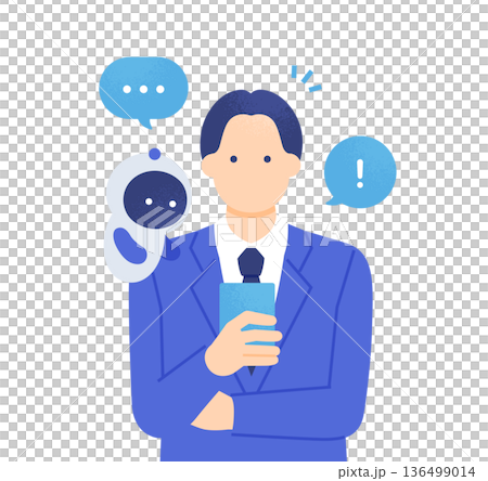 頼れるパートナーとモバイルワーク。AIとスマホを見る男性のベクターイラスト素材。 136499014