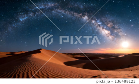 A breathtaking desert night scene featuring the Milky Way galaxy arching over vast sand dunes. A bright moon illuminates the horizon, creating a serene and majestic landscape under a star-filled sky. 136499123