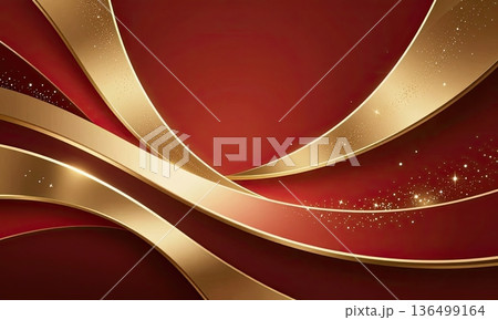 Luxury red background with elegant gold wave ribbons and sparkling glitter. 136499164