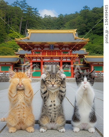 見猿 聞か猿 言わ猿を子猫で表現｜日光東照宮風背景の可愛いAI画像 136499485