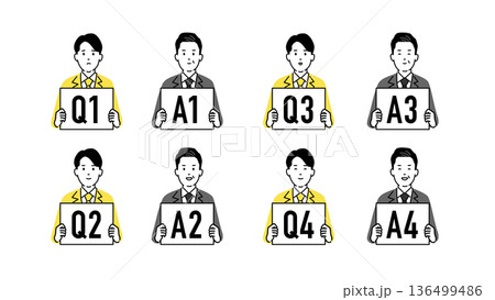 質問する後輩社員と回答する先輩社員、Q&Aボードを持つ人物アイコンセット 136499486