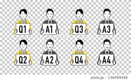 質問する後輩社員と回答する先輩社員、Q&Aボードを持つ人物アイコンセット 136499486