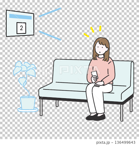 Illustration of a young woman realizing her turn in the waiting room Illustration of a young woman realizing her turn in the waiting room 136499643