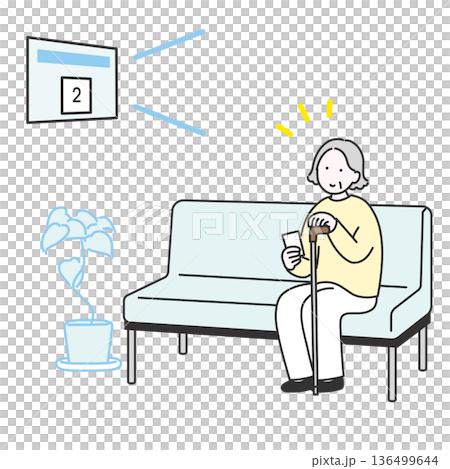 待合室で自分の順番を呼ばれた高齢女性のイメージイラスト 136499644