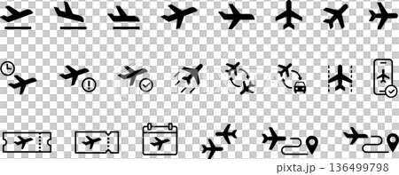 Monochrome airplane, aircraft, jet icons Monochrome airplane, aircraft, jet icons 136499798