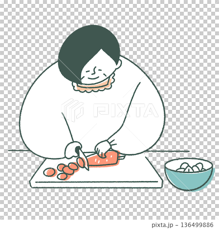 まな板で野菜を切る高齢女性 136499886