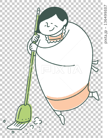 ほうきで掃除をする高齢女性 136499887