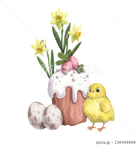 Watercolor composition with an Easter-themed chicken 136499999