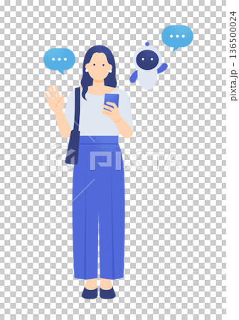 即使你外出,人工智慧也能為你提供支援。向量插圖描繪了一位女士享受外出時光,人工智慧正在向她揮手。 即使你外出,人工智慧也能為你提供支援。向量插圖描繪了一位女士享受外出時光,人工智慧正在向她揮手。 136500024