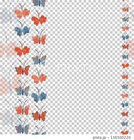 Seamless pattern with butterflies in soft pastel and warm terracotta tones. Featuring playful shapes, dotted wings, delicate antennae. Ideal for nursery, baby shower, childrens clothing, fabric prints 136500220