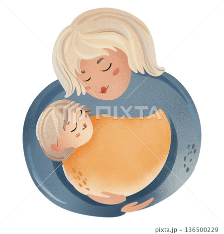 Tender mother cradling sleeping baby illustration in soft pastel colors. Gentle swaddling. Perfect for Mother's Day, baby shower invitations, newborn announcements, nursery wall art, maternity prints 136500229