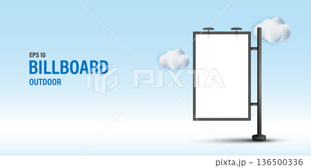 Outdoor Billboard Mockup Banner, Blank Vertical City Light Poster with Clouds for Advertising and Marketing Display, Real Estate Signage and Promotion Design Template on Blue Background. Outdoor Billboard Mockup Banner, Blank Vertical City Light Poster with Clouds for Advertising and Marketing Display, Real Estate Signage and Promotion Design Template on Blue Background. 136500336