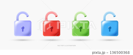 3D Vector Unlocked Padlock Icon Set, Colorful Glossy Open Lock Symbols for Access Granted, Cyber Security Authorization and Digital Privacy UI UX Design Elements on White Background. 136500368