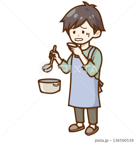 料理の味見をして顔をしかめる男性（失敗・まずい） 136500539
