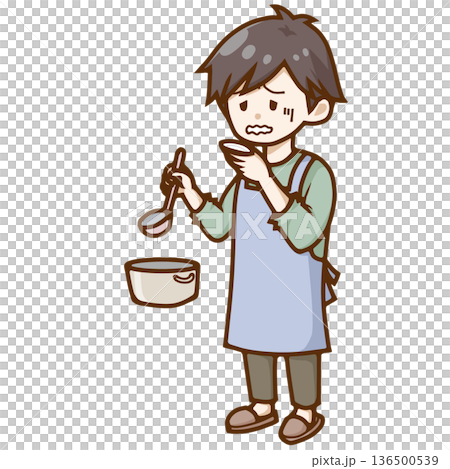 料理の味見をして顔をしかめる男性（失敗・まずい） 136500539