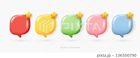 3D speech bubble with star icons set. Glossy chat box for favorite messages, customer reviews, ratings and social media notifications. Colorful talk balloon vector illustration on white background. 136500790