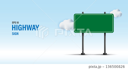Blank Green Highway Sign Mockup, Empty Road Traffic Signboard on Metal Poles with Clouds, 3D Vector Directional Signage Template for Information and Navigation Design on Blue Background. Blank Green Highway Sign Mockup, Empty Road Traffic Signboard on Metal Poles with Clouds, 3D Vector Directional Signage Template for Information and Navigation Design on Blue Background. 136500826