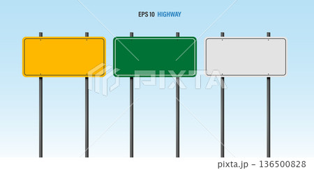 Yellow Highway Exit Sign Mockup with Blank Green and White Signboards, Empty Road Traffic Signage for Navigation and Business Destination Concept on Blue Background. Yellow Highway Exit Sign Mockup with Blank Green and White Signboards, Empty Road Traffic Signage for Navigation and Business Destination Concept on Blue Background. 136500828