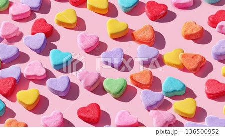 Playful Valentine's background: scattered conversation heart candies in bright colors against a light pink background. Playful Valentine's background: scattered conversation heart candies in bright colors against a light pink background. 136500952