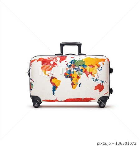 Travel Suitcase with World Map Pattern Isolated on White 136501072