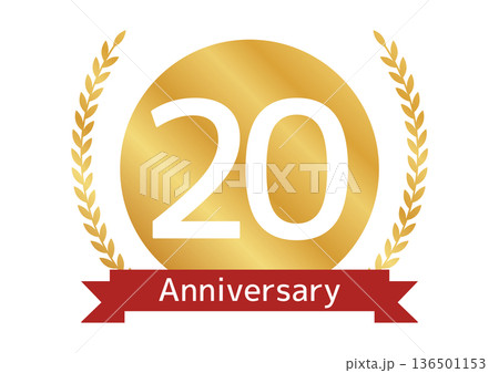 20周年記念ロゴ 月桂冠とリボンのゴールドアイコン・記念祭のメダル風エンブレム 136501153