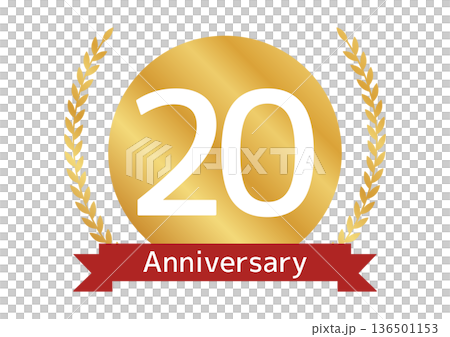 20周年記念ロゴ 月桂冠とリボンのゴールドアイコン・記念祭のメダル風エンブレム 136501153