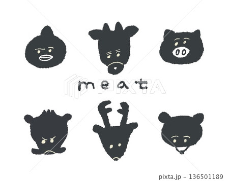 アイコンやシンボルマークとして、デザイン時に使いやすい表情豊かな手描きイラスト・お肉 136501189