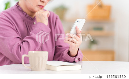 スマホを見ながら不安そうな表情をするシニア女性（詐欺,トラブル,心配） 136501580
