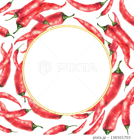 Watercolor hot chili pepper frame. Whole vegetable red pods square card with round gold frame inside for food spices, sauce, seasoning label, menu. Hand drawn illustration isolated from background Watercolor hot chili pepper frame. Whole vegetable red pods square card with round gold frame inside for food spices, sauce, seasoning label, menu. Hand drawn illustration isolated from background 136501703